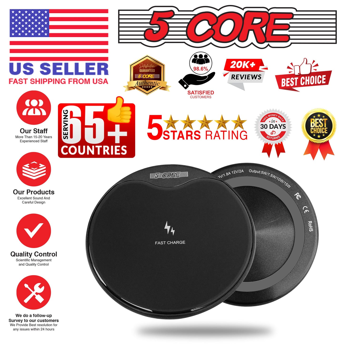 5Core Wireless Charging Pad 15W Qi-Certified Fast Phone Charging Mat